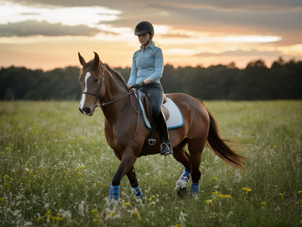 a picture of horse in fields along with rider